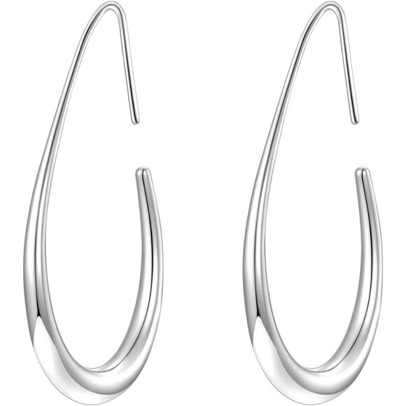 Silver Polished Lightweight Teardrop Large Oval Pull Hoop Earrings for Women - Picture 1 of 6